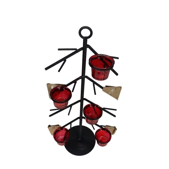 Black Metal Christmas Tree Candle Holder With Red Glass Votives - Picture 2 of 7